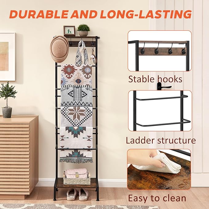 DGWJSU 7 Tier Blanket Ladder for The Living Room and Bedroom, 5.12 Ft Farmhouse Ladder Shelf with 2-Tier Storage Rack, Decora