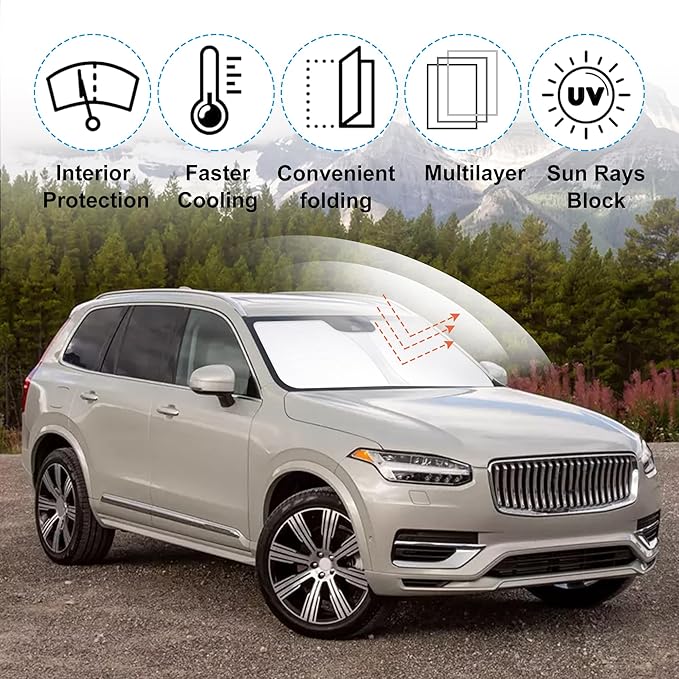 Front Windshield Sun Shade Foldable Car Front Window Sun Shade Windshield Shade Custom Fit for 2016-2025 2026 Volvo XC90 Block UV Rays Car Accessories Heat Keep Cooler
