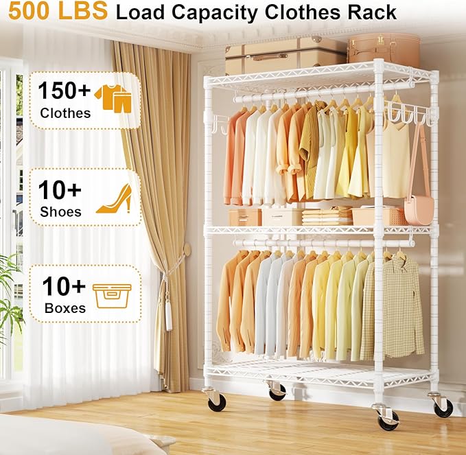 ULIFHOME P1 Rolling Clothes Rack Heavy Duty, Metal Closet Clothing Rack with Lockable Wheels, Portable Wardrobe Closet for Ha