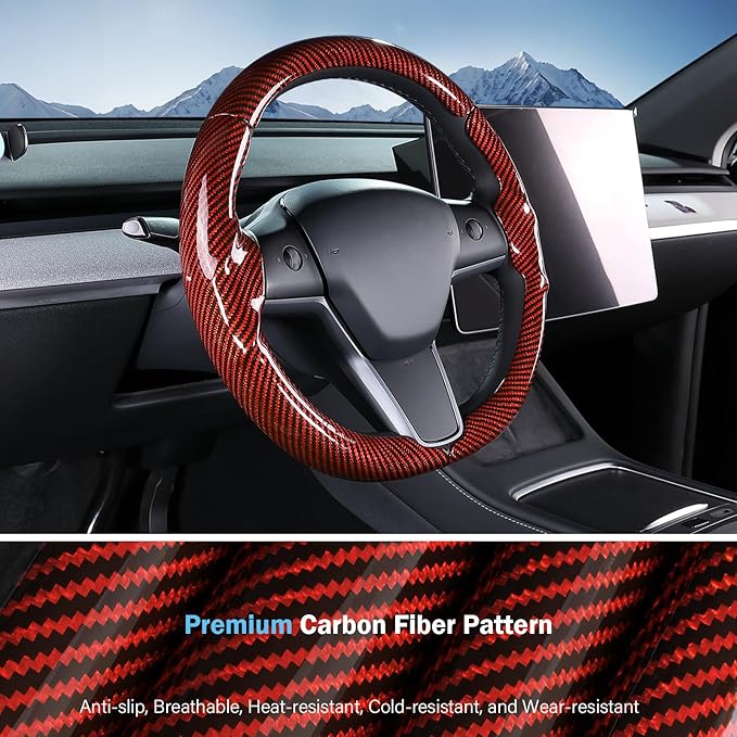 Steering Wheel Cover for Tesla Model 3 (2017-2023) / Model Y (2020-2024),Anti-Slip,Comfortable Grip, Breathable,Customized for Tesla Model 3/Y Accessories,Bright Red