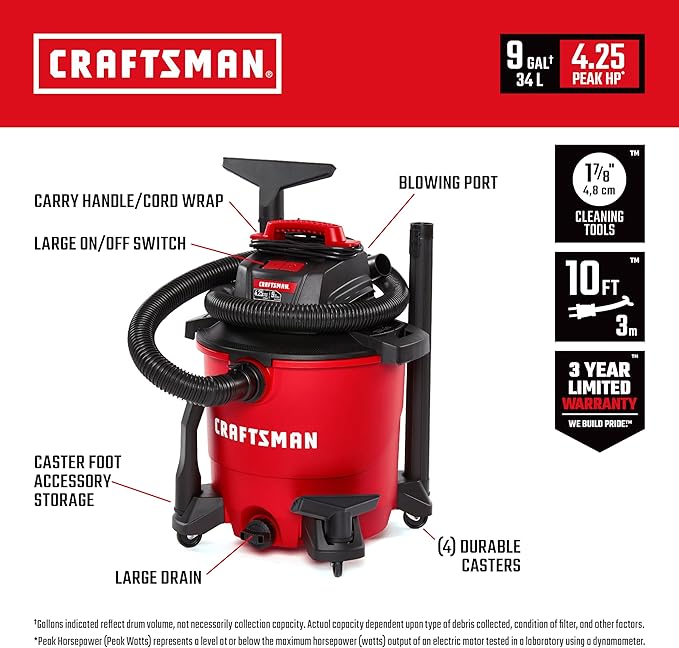 CRAFTSMAN CMXEVBE17590 9 Gallon 4.25 Peak HP Wet Dry Vac, Portable Shop Vacuum Wet and Dry with Filter, Dust Bag, Hose and At