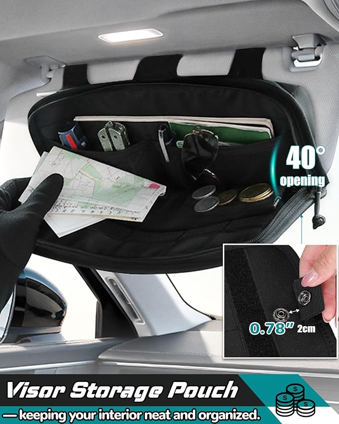 Visor Organizer, Heavy Duty Tactical Car Sun Visor Organizer with Large Zipper Pocket & Sunglasses Holder, Semi-Rigid Molle Visor Storage Pouch for Cars, Trucks, and SUVs, Car Interior Accessories