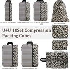 U+U 10 Set Compression Packing Cubes - Ultralight Leopard Travel Organizers with Laundry Bag, Space-Saving Suitcase Organizer