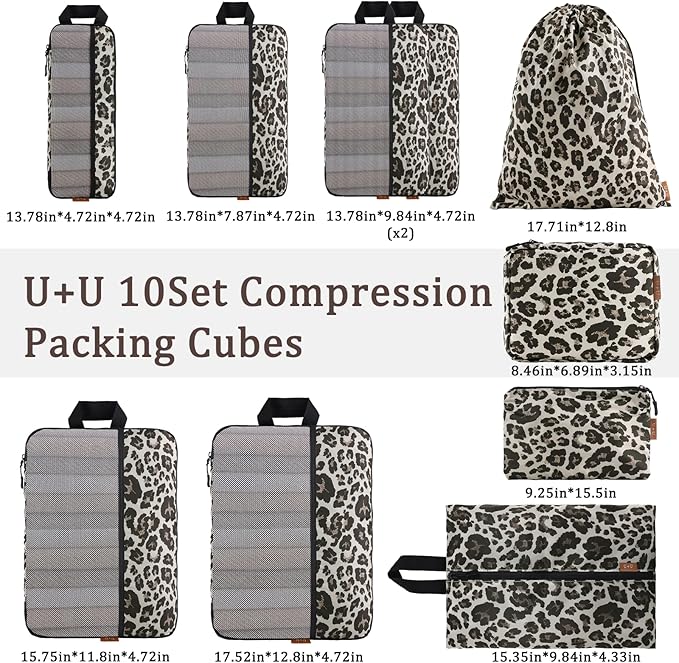 U+U 10 Set Compression Packing Cubes - Ultralight Leopard Travel Organizers with Laundry Bag, Space-Saving Suitcase Organizer