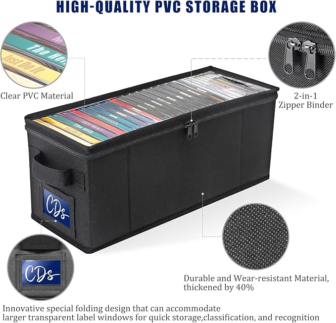 CCidea CD Storage Box with Clear Window - 4 Pack Media Organizer, Innovative Folding Design for CD Discs, CD Holder with Reinforced Handle & Label Slot, Holds 29 CDs Each, Fits Car & Home Use (4)