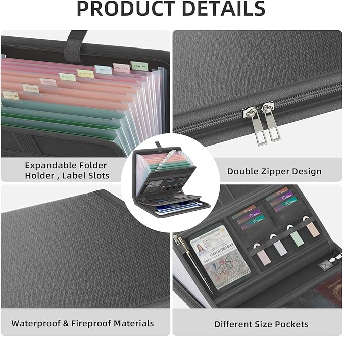 Fireproof Accordion File Organizer, Portable Expanding File Folder with Waterproof Zipper&Labels, Dark Gray Document Organize