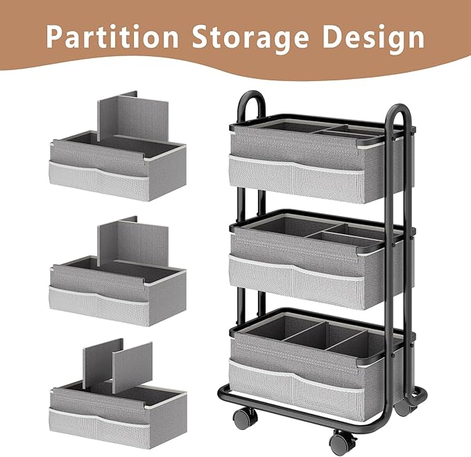 3-Tier Baby Diaper Caddy Organizer Cart, Mobile Nursery Storage Carts with Wheels, 3 Dividers & 6 Mesh Pockets Durable Metal 