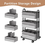 3-Tier Baby Diaper Caddy Organizer Cart, Mobile Nursery Storage Carts with Wheels, 3 Dividers & 6 Mesh Pockets Durable Metal 