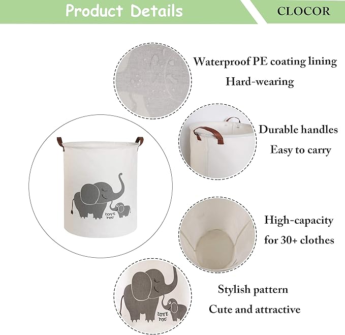 CLOCOR Collapsible Round Storage Bin/Large Storage Basket/Clothes Laundry Hamper/Toy Storage Bin (Love Elephant)