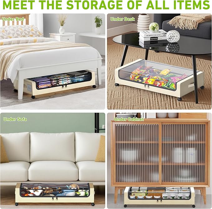 Under Bed Storage with Wheels, Under the Bed Storage Containers with Clear Lids & Label, Underbed Storage Bins, XXL 60L Rolli