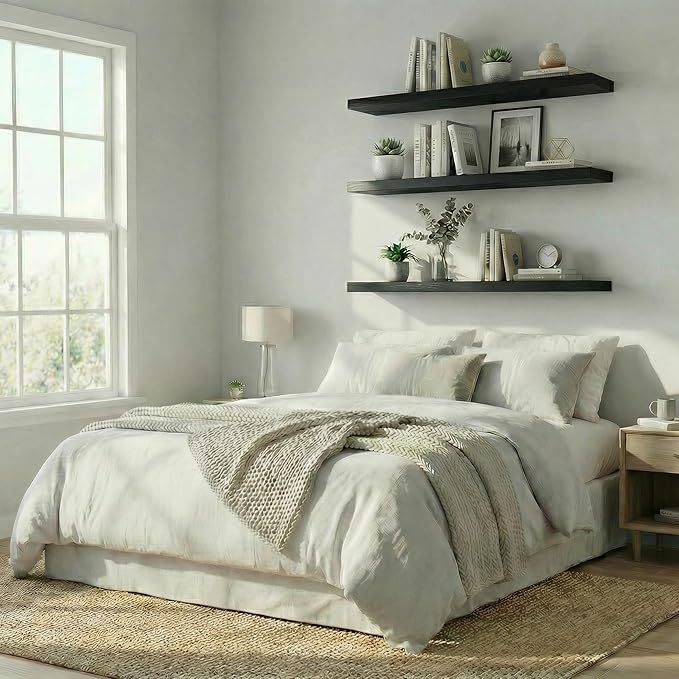 IEO Long Wooden Floating Shelves for Room Wall, Natural Wood Floating Shelves Wall Mounted Kitchen Shelf for Living Room, Bed