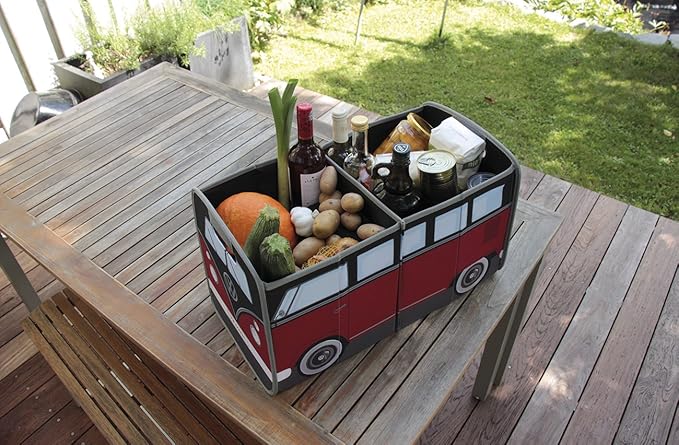 BRISA VW Collection - Volkswagen Foldable Storage Trunk Box Bag for Grocery Shopping in VW T1 Bus Campervan Shape (Classic Bus/Red & Black)