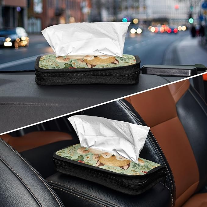 Car Tissue Holder Car Visor Organizer Tissue Box Holder for Car Sun Visor Organizer with Car Vehicle Accessories Essentials Interior for Women Men Christmas Fox Bunny Holly Leaf Green