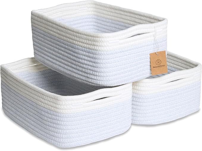 NaturalCozy 11.8"x8"x4.5” Rectangle Storage Baskets for Shelves 3 Pack | Cotton Rope Woven Small Baskets for Organizing | Sma