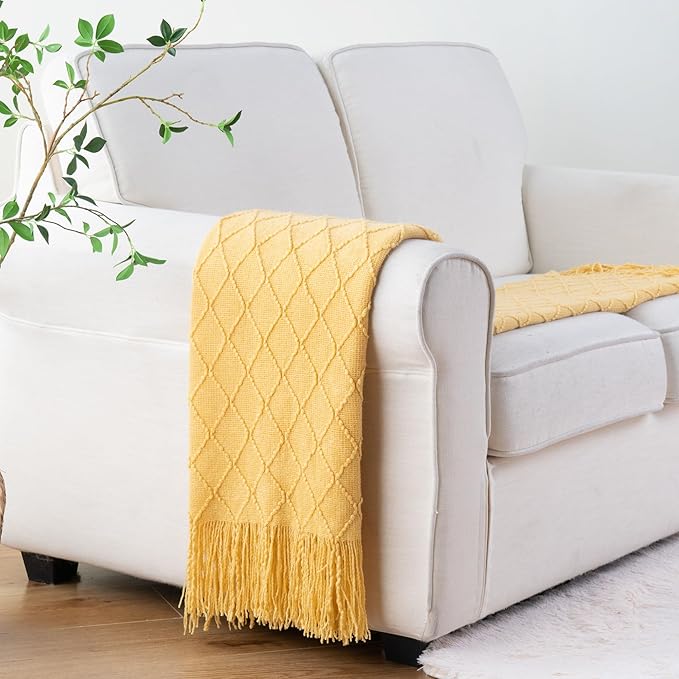 BATTILO HOME Mustard Throw Blanket with Fringe Geometric Bed Gold Yellow Throws Breathable Decorative Large Throw for Couch S