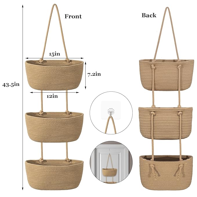 3 Tier Wall Mounted Woven Hanging Basket, Over the Door Hanging Basket with Hooks, Decorative Storage Hanging Closet Removabl