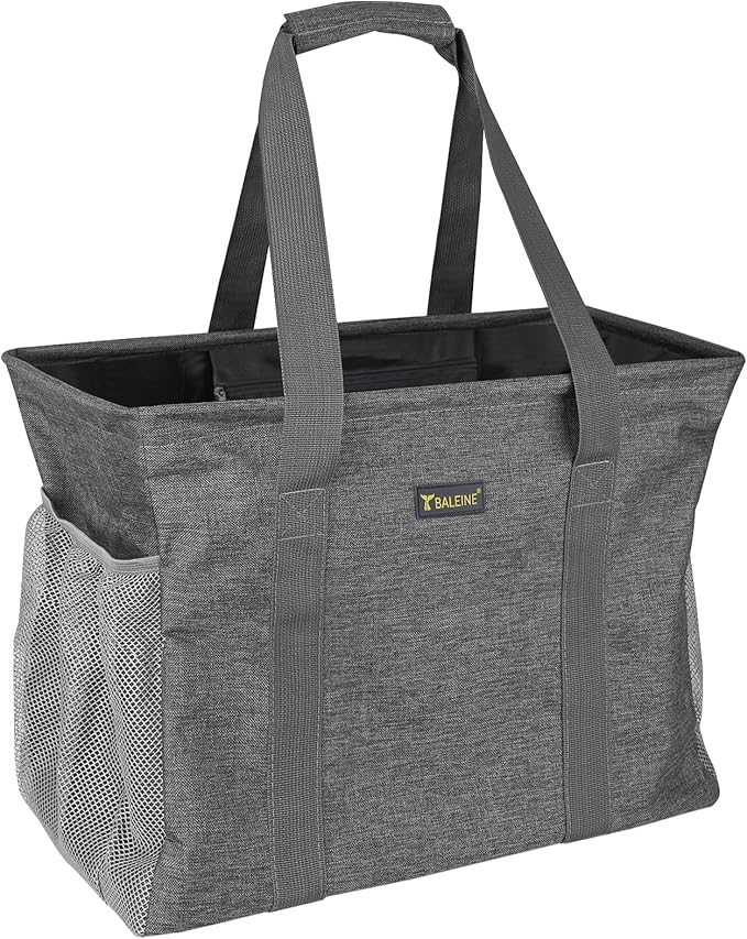 BALEINE Extra Large Utility Tote Bag with Reinforced Wire Frame, Reusable Grocery Bag for Shopping, Picnic (Grey, 16.5''x14''x10'')