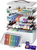CTIME 4-Tier XL Medicine Organizer with Leather Handle - Portable Pill Case & Empty First Aid Kit for Home, Travel, RV, Schoo