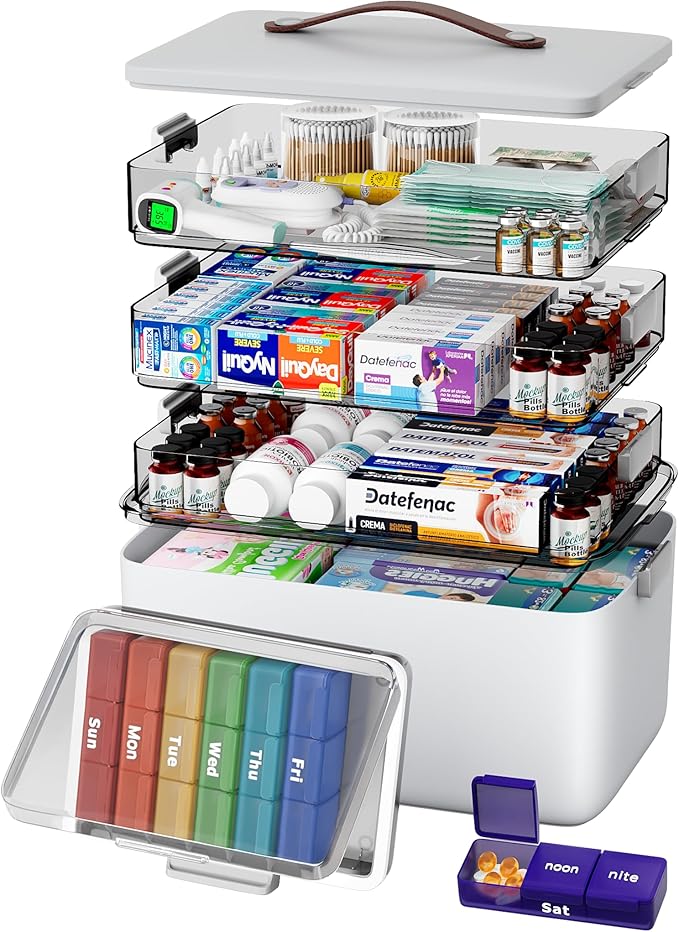 CTIME 4-Tier XL Medicine Organizer with Leather Handle - Portable Pill Case & Empty First Aid Kit for Home, Travel, RV, Schoo
