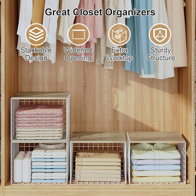 6 Pack Closet Organizers And Storage, Stackable Closet Shelf Organizer Storage Bin Basket For Clothes Sweaters With Top Board
