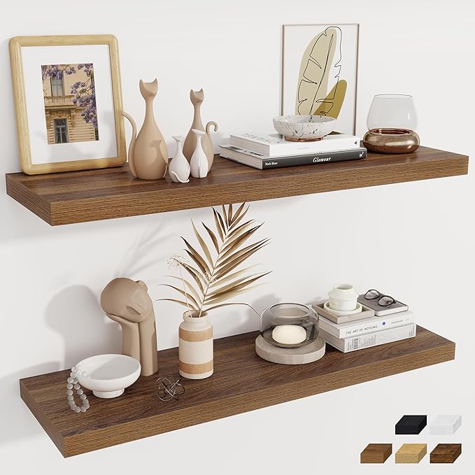 Fun Memories 12 Deep Floating Shelves, 40W x 12D Floating Shelves for Wall Set of 2, Extra Deeper Hanging Wood Shelves for Wa