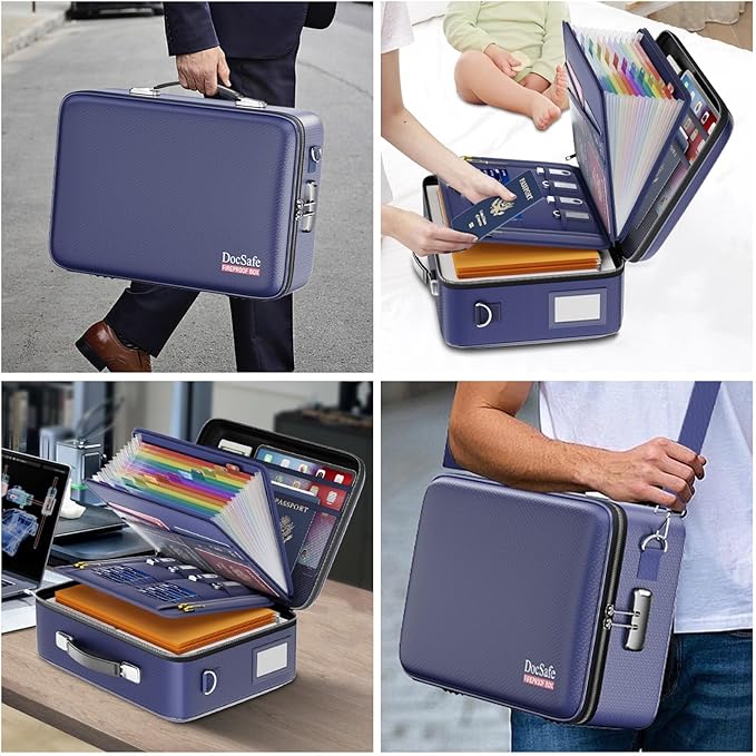 DocSafe Fireproof Document Box with Lock, Hard Case File Organizer with Accordion File Folder, Fireproof Water Resistant Safe