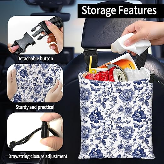 Car Trash Bag Large Hanging Can for Back of Seat, Cute Waterproof Car Garbage Bag for Vehicle, Travelling, Outdoor Cute Blue Whit Flower