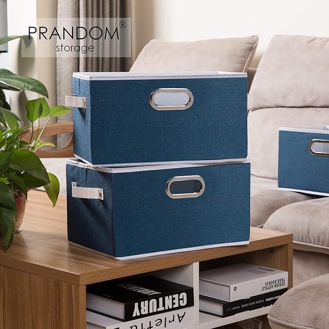 PRANDOM Large Collapsible Storage Baskets for Closet [3-pack] Decorative Fabric Storage Bins Cubes with Leather/Metal Handles