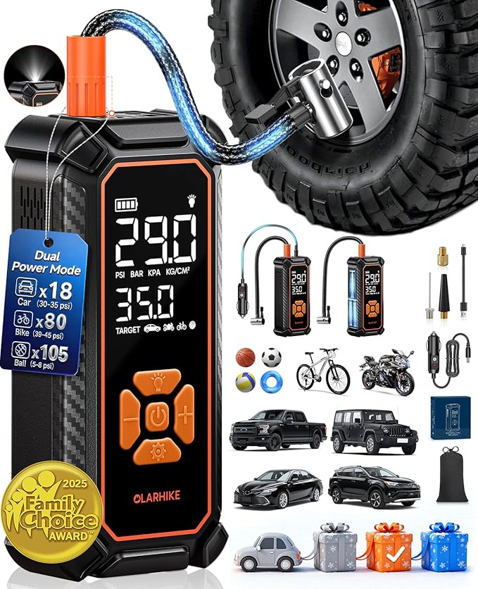 OlarHike Cordless Tire Inflator Portable Air Compressor, 150PSI Dual Power - 6000mAh & 12V DC, Air Pump for Car Tires, Motorcycle, Bicycle, Electric Pump with LED Light & Digital Pressure Gauge