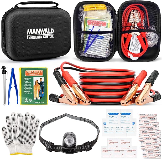 Emergency Car Tool Kit Roadside Assistance Tool Kit, Vehicle Safety Tool with Headlamp, Gloves and Jumper Cable Kit, Essentia