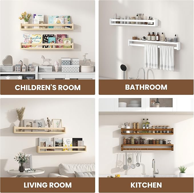 Fun Memories Nursery Book Shelves Set of 4, 32 Inch Solid Wood Wall Book Shelves, Kids Room Floating Shelves Organizer & Toy 