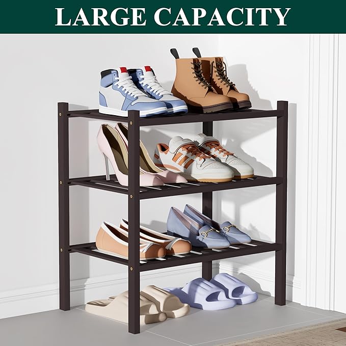 Smiry Bamboo Shoe Rack for Closet, 3 Tier Small Wooden Stackable Shoe Organizer, Free Standing Shoes Storage Shelf for Entryw