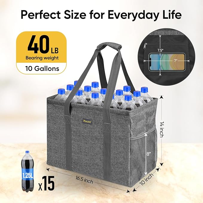 BALEINE Extra Large Utility Tote Bag with Reinforced Wire Frame, Reusable Grocery Bag for Shopping, Picnic (Grey, 16.5''x14''x10'')