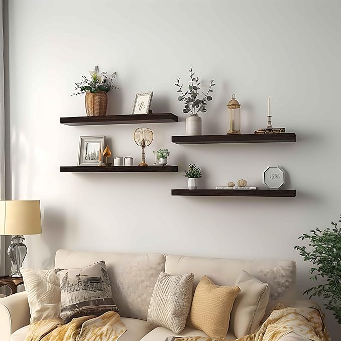 PHPH Wood Floating Shelves for Wall, Wooden Wall Shelves for Bedroom, Set of 6 Brown 17 Inch