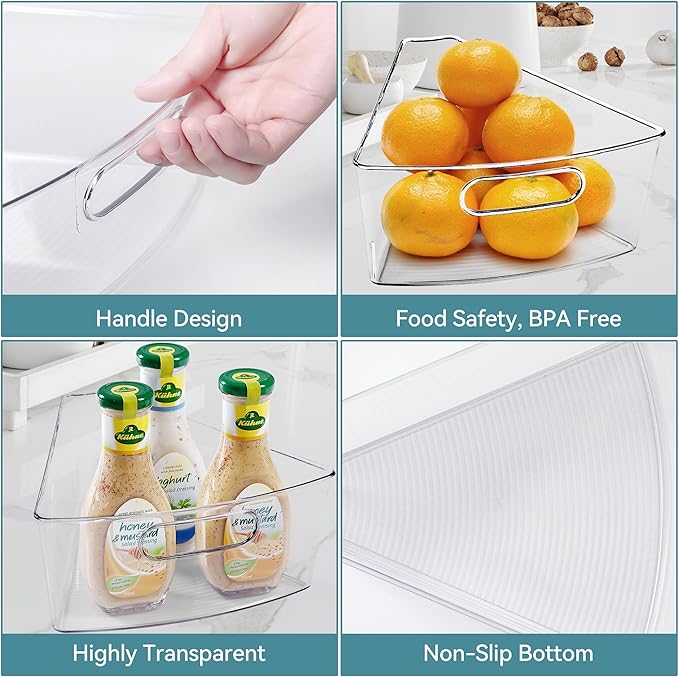 Oubonun Lazy Susan Organizers Set of 6, 11.6’’ x 10.2’’ x 4.1’' Plastic Transparent Kitchen Cabinet Storage Bins with Handle,