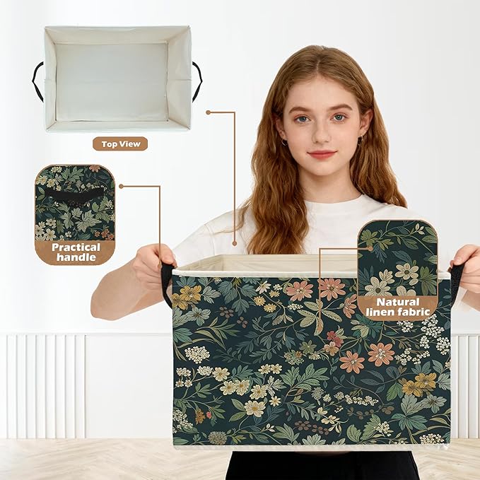 Dark Green Floral Botanical Storage Box Bins, Rustic Cottagecore Nature Flower Collapsible Storage Basket Organizer for Bedro