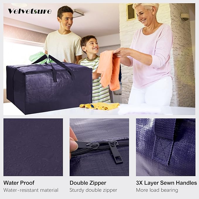 VELVETSURE Heavy Duty Extra Large Moving Bags W/Backpack Straps - Strong Handles & Zippers, Storage Totes For Space Saving, F