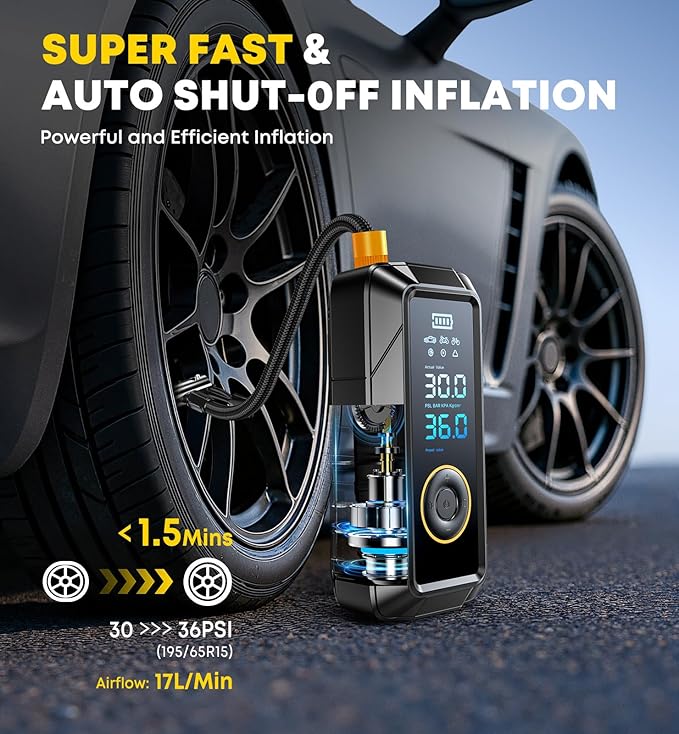 Tire Inflator Portable Air Compressor Portable Air Pump Cordless Bike Pump with Digital Dual Values Display 150 PSI Car Tires Pump with LED Lights Air Pump