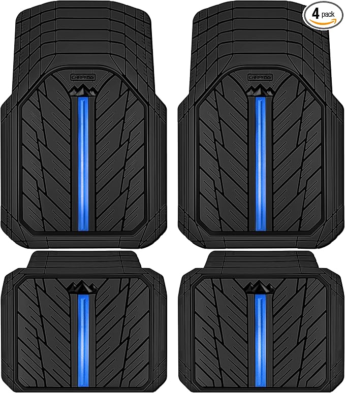 CAR PASS Metal Medium Rubber Floor Mats for Car Heavy Duty Car Mats All Weather, Universal Trim to Fit for Truck SUV Vehicle Automotive Floor Mats, Waterproof Car Mats 4 Piece Black Bule