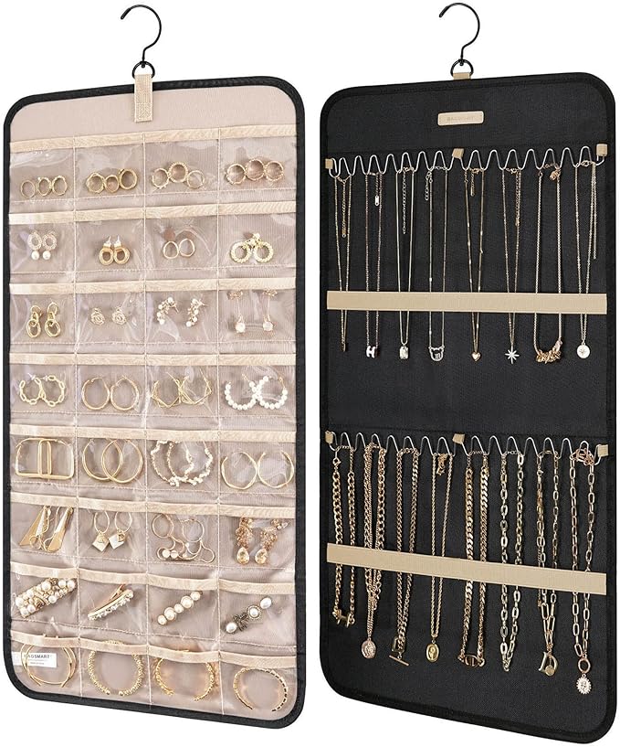 BAGSMART Hanging Jewelry Organizer Storage Roll with Hanger Metal Hooks Double-Sided Jewelry Holder for Earrings, Necklaces, 