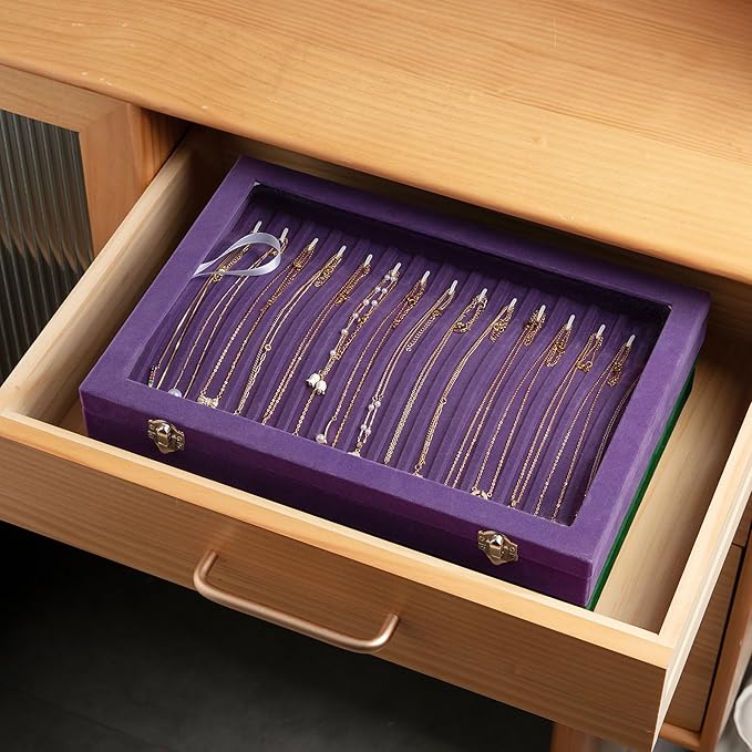 Frebeauty 15 Hooks Necklace Tray Velvet Neckalce Organizer with Clear Lid Lockable Necklace Holder Box Jewelry Organizer for 
