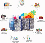 Extra Large Utility Tote Bag - Oversized Collapsible Reusable Wire Frame Rectangular Canvas Basket With Two Exterior Pockets For Beach, Pool, Laundry, Car Trunk, Storage - Geo Navy Blue
