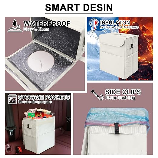 Car Trash Can Bin with Lid - Collapsible Car Garbage Can with Storage Pockets-Beige Mini Leakproof Vehicle Trash Bag-Small Automotive Organizers and Storage for Back/Front Seat SUV Truck Accessories