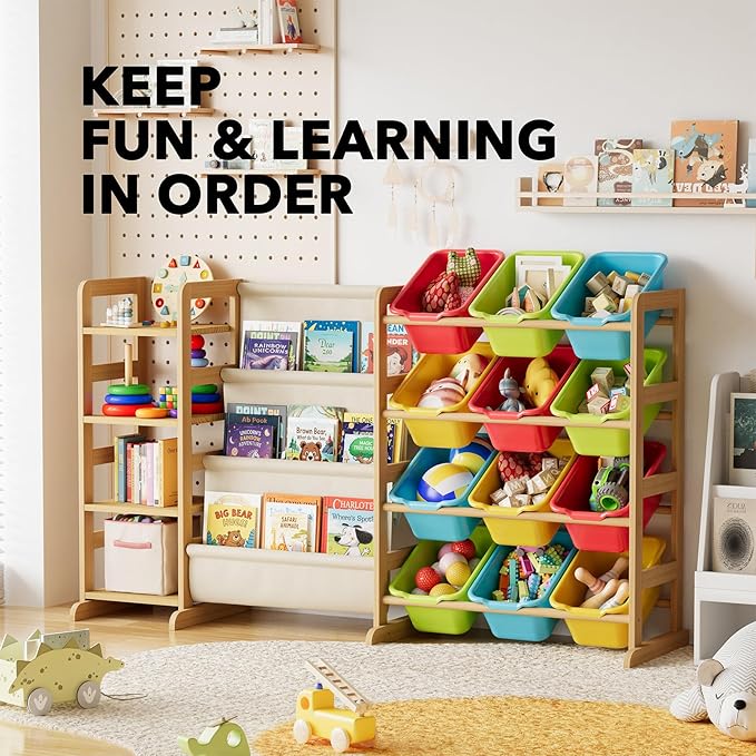 SpaceAid 3-in-1 Toy Storage Organizer with 4 Shelves and 12 Bins, Toy Organizers Storage 3-Tier Bookshelf, Kids Bin Shelf Box