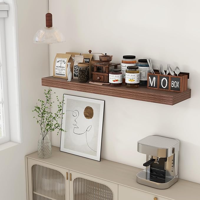 48 Inch Walnut Floating Shelf | 12 Inch Deep Floating Shelves Set of 1 | 48" D x 12" D Rustic Wood Shelves for Wall | Deep Wa