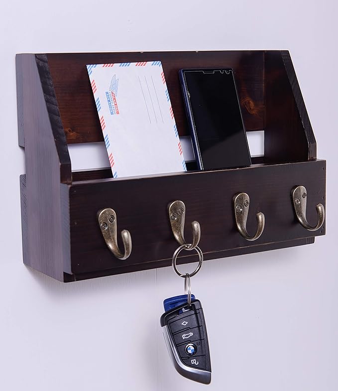 Flintar Wall Mount Key and Mail Holder with 4 Hooks. Made in Taiwan, Solid Wood. Use as Key Rack, Entryway or Mudroom Organiz