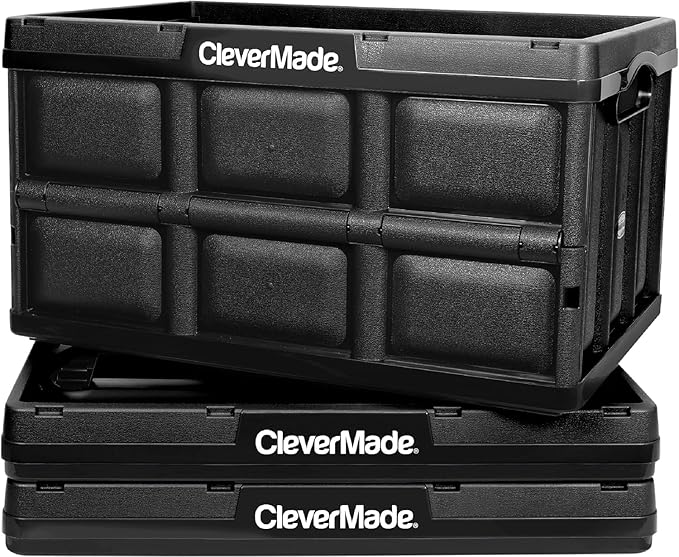 CleverMade Collapsible Storage Bins 62L (3-Pack) – Heavy Duty Collapsible Plastic Storage Bins, Large Stackable Folding Stora