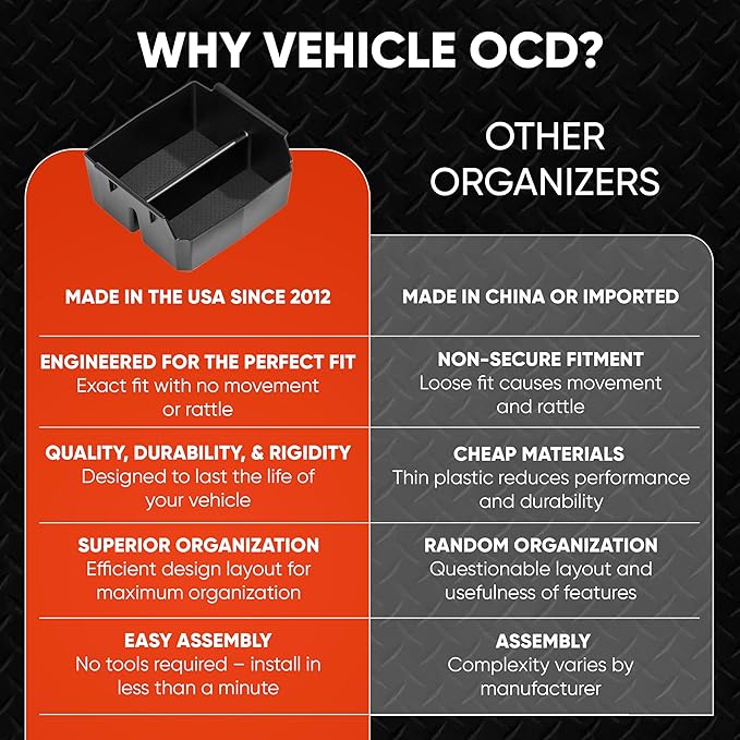 Vehicle OCD - Center Console Organizer Tray for Jeep Wrangler JK and JKU (2011-2018) (NOT for 2018 Wrangler JL) - Made in USA - SLX156