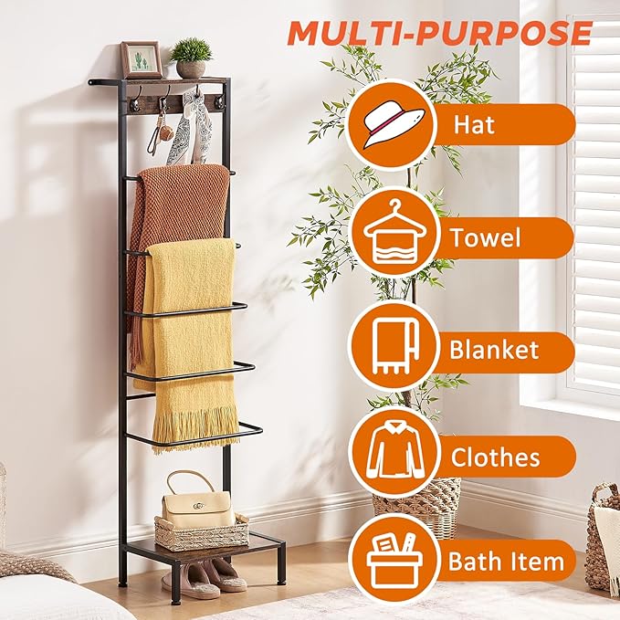DGWJSU 7 Tier Blanket Ladder for The Living Room and Bedroom, 5.12 Ft Farmhouse Ladder Shelf with 2-Tier Storage Rack, Decora