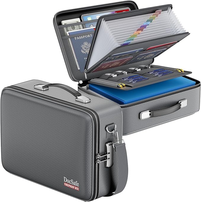 DocSafe Fireproof Document Box with Lock＆Shoulder Strap,Hard Case File Organizer with Accordion File Folder,Multi-Layer Porta